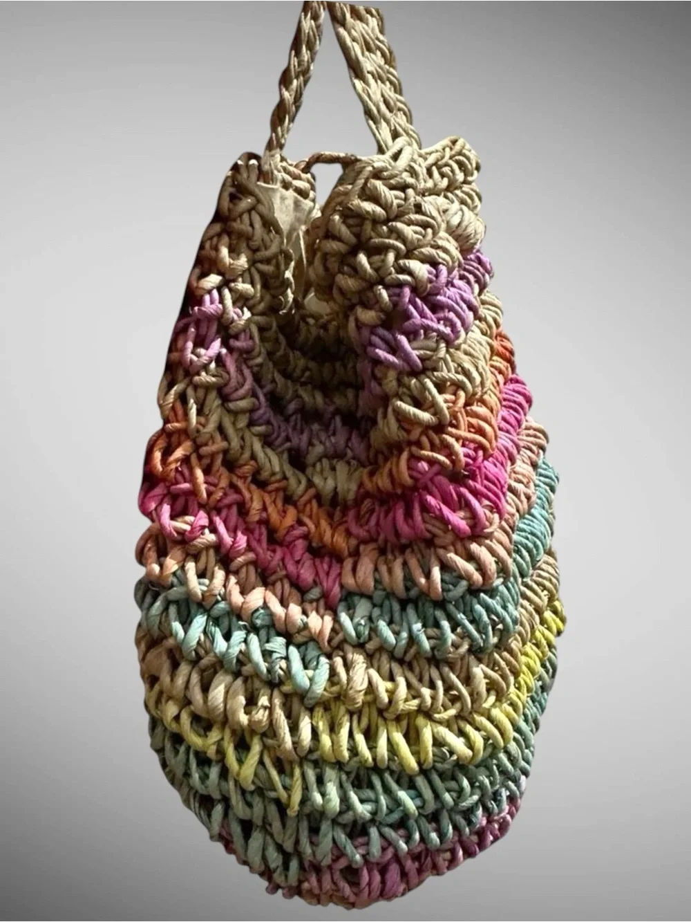 Vintage Rainbow Straw Jute Tote Hobo Bag Boho Beach Crochet Purse